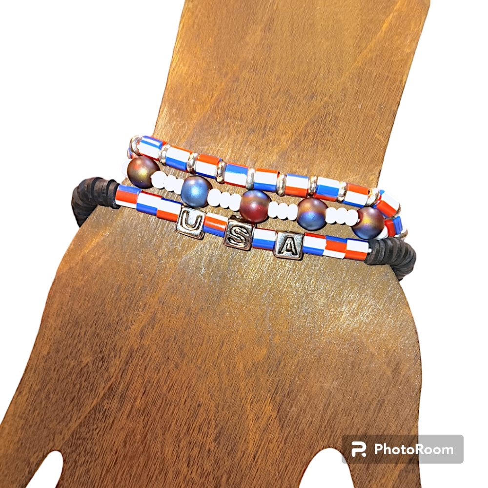 HANDMADE Red, White, & Blue Beaded Patriotic Stackable Stretch Bracelets